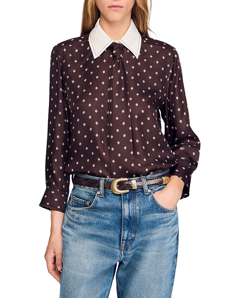 Sandro Geometric-print Tie-neck Shirt In Brown