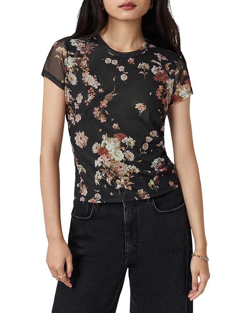 Allsaints Womens Armada Black Ellie Round-neck Floral-print Stretch-mesh T-shirt In Black