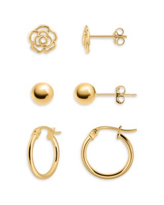 18K Gold Over Sterling Silver Flower, Sphere & Hoop Earrings, Set of 3 - Exclusive