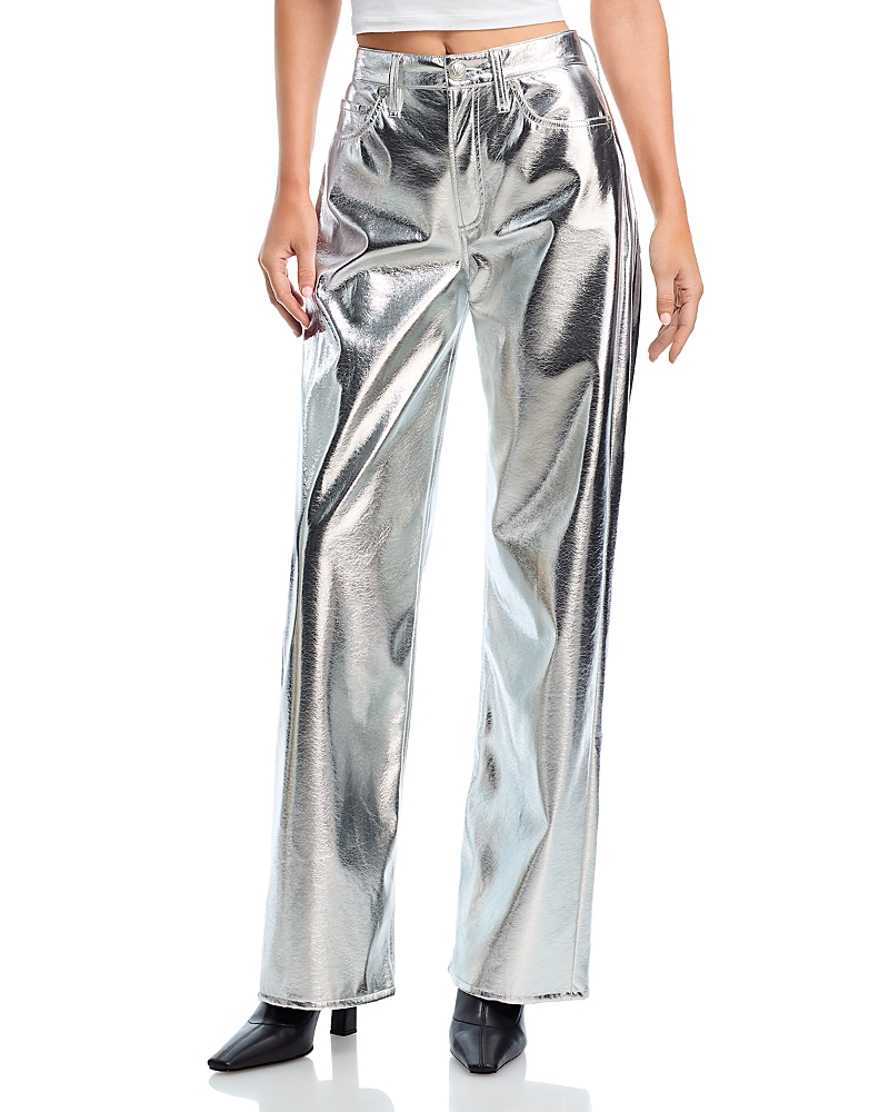 Rag & Bone Logan Faux Leather Wide Leg Jeans In Silver In Metallic