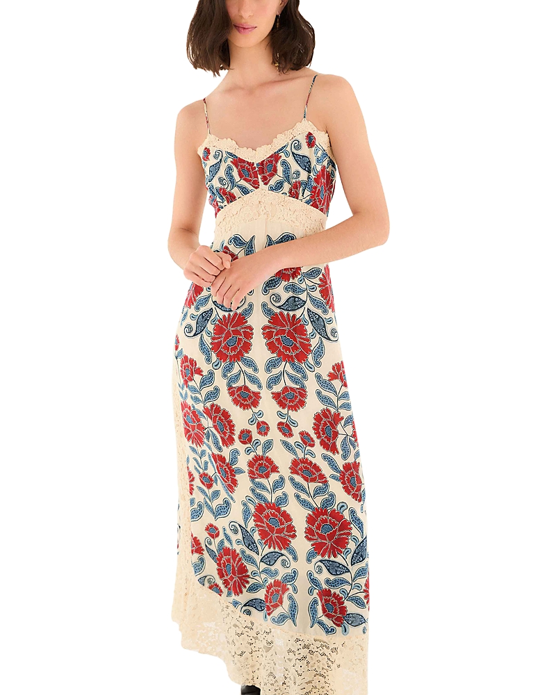 Farm Rio Francesca Sand Lace Detail Floral Dress In Multi