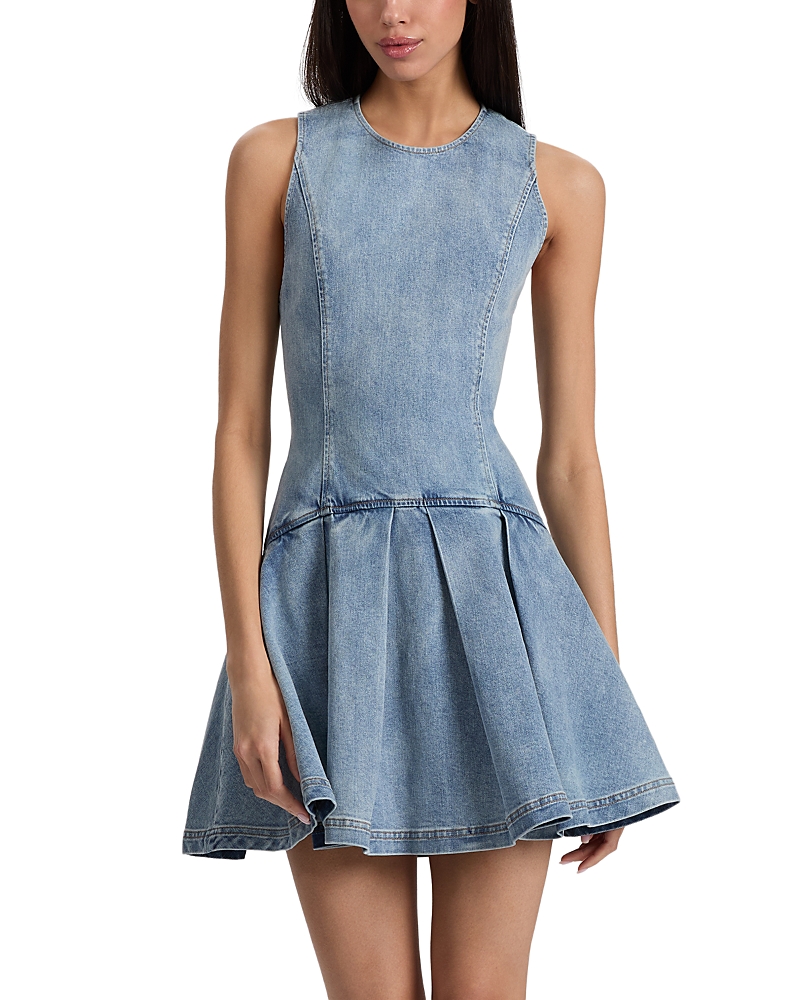 Alice And Olivia Adley Sleeveless Pleated Denim Mini Dress In Blue