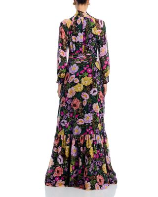 Floral Print Tie Neck Chiffon Gown