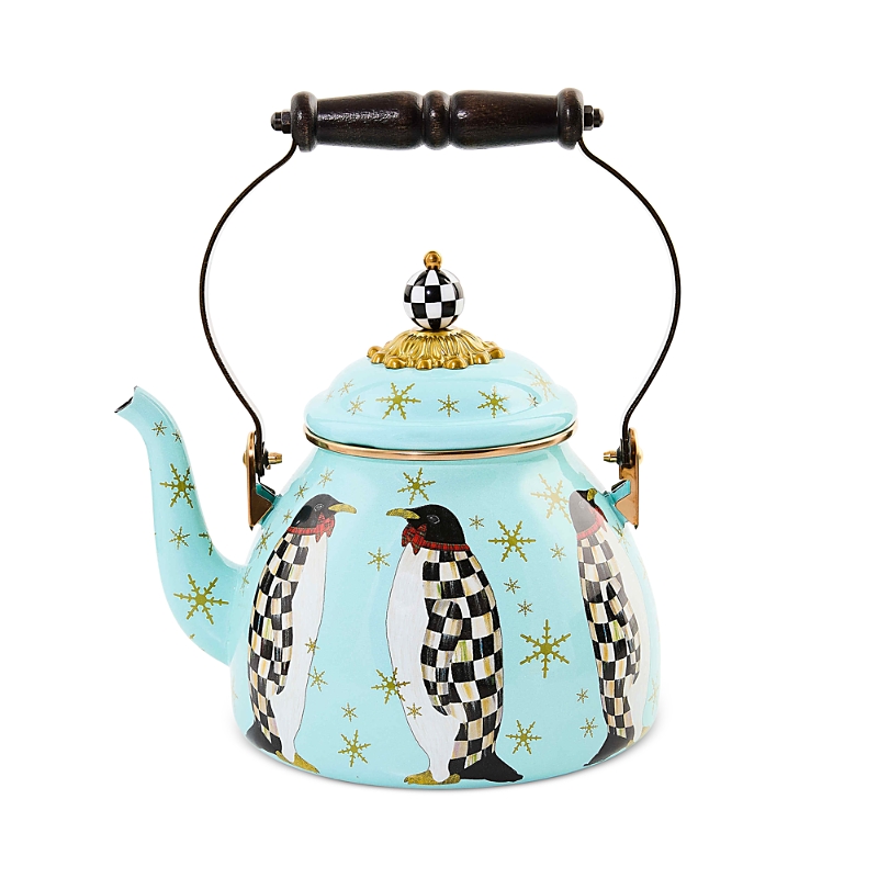 Mackenzie-childs Penguin Parade Enameled 2-quart Tea Kettle In Blue