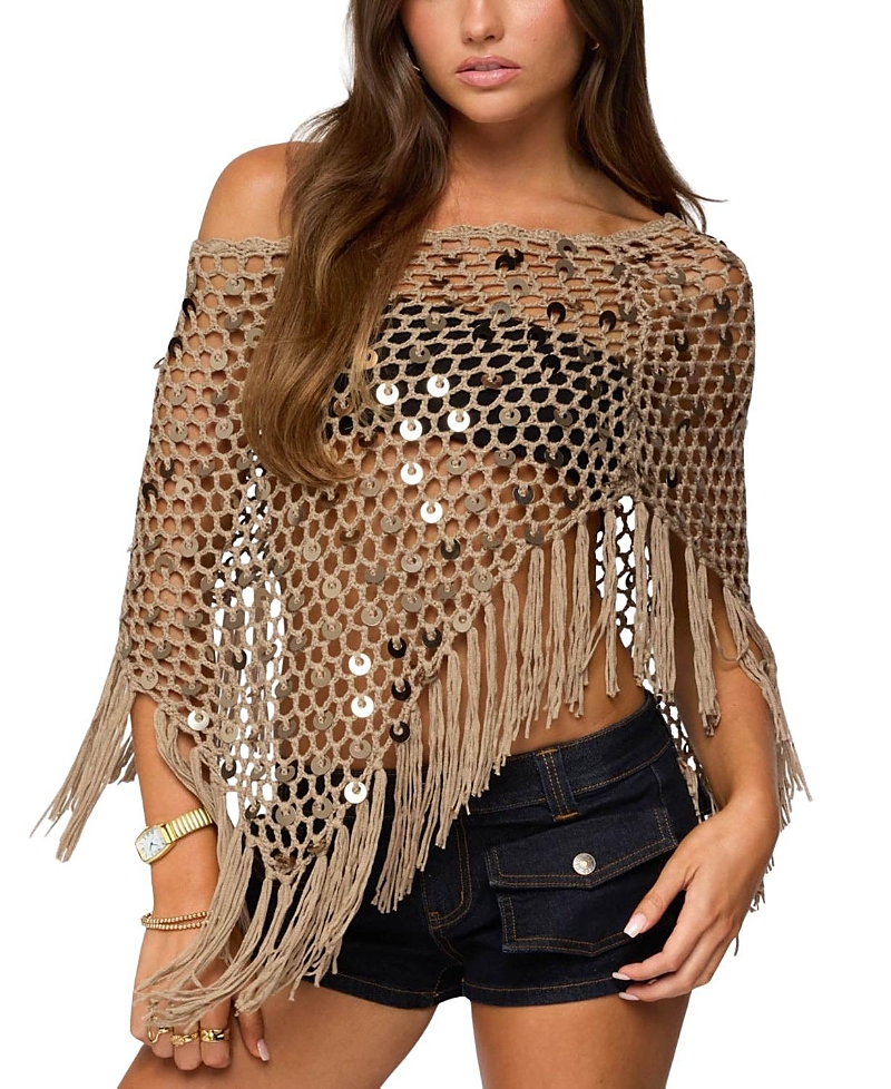Edikted Fringe Sequin Crochet Poncho In Brown