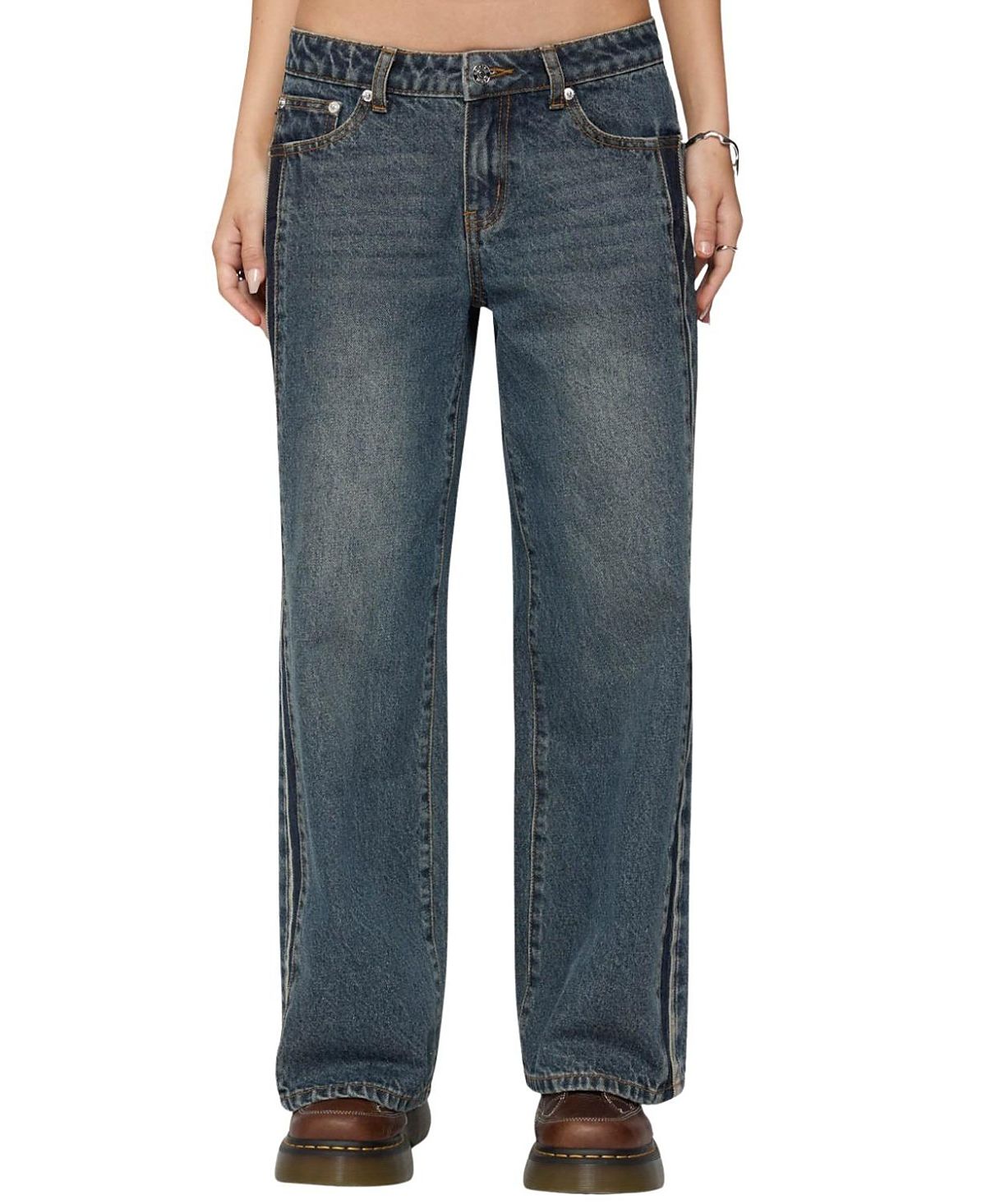 Edikted Petite Contrast Panel Low Rise Dark Rinse Wash Jeans