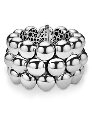 Sterling Silver Caviar Bubbly Beaded Wide Bangle Bracelet
