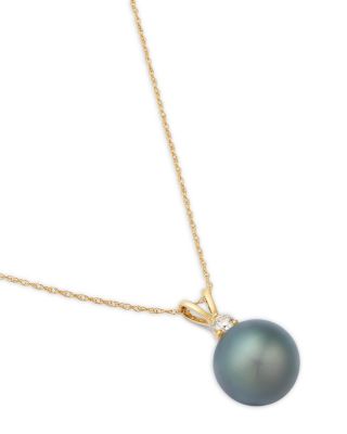 Diamond & Cultured Tahitian Black Pearl Pendant Necklace in 14K Yellow Gold, 0.12 tcw