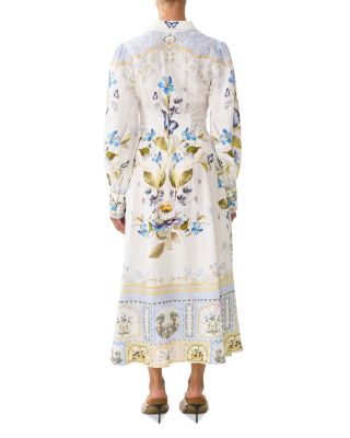 Linen Tie Waist Mixed Print Shirtdress