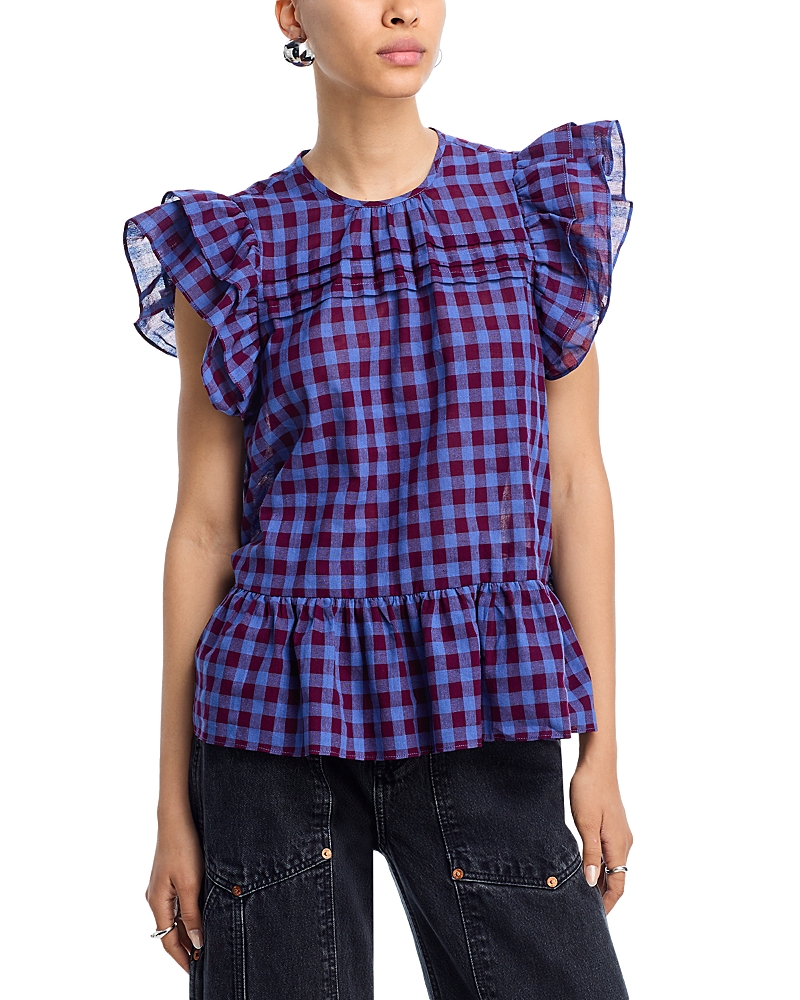 Aqua Flutter Sleeve Plaid Top - Exclusive In Blue