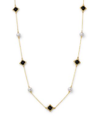 Onyx & Cultured Freshwater Pearl Necklace in 14K Yellow Gold, 22"