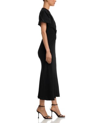 V Neck Gathered Front Midi Dress
