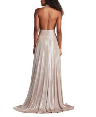 Zarelle Pleated Metallic Halter Gown