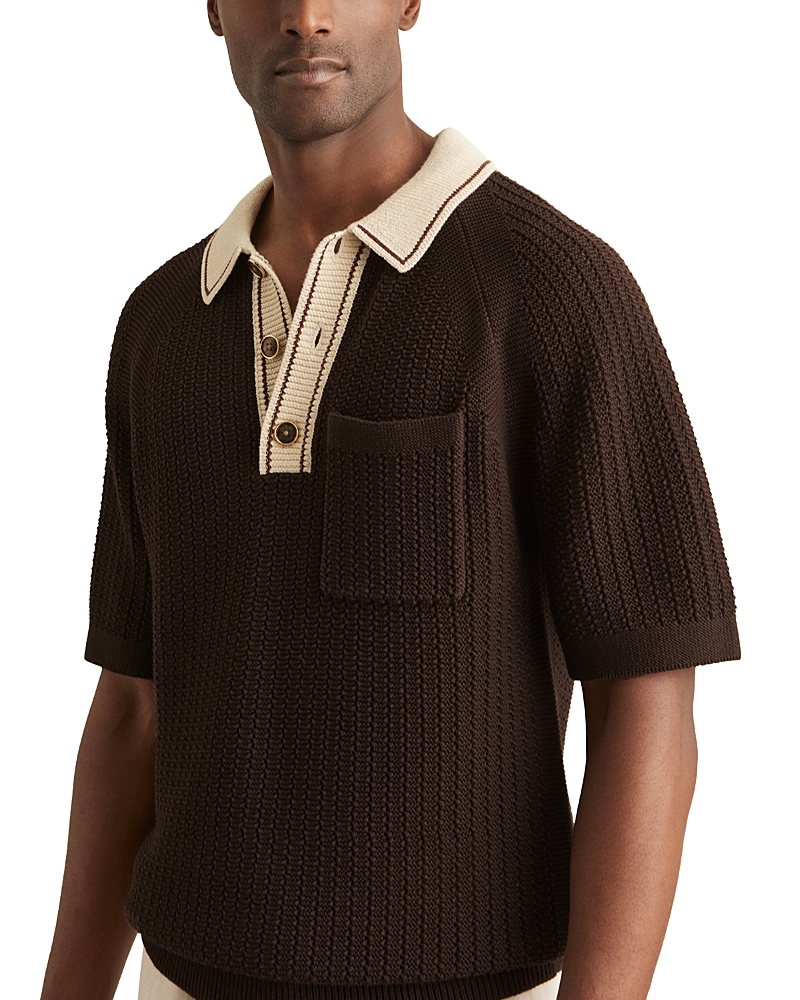 Reiss Dark Brown/stone Cotton Textured Knit Contrast Polo Shirt In Brown
