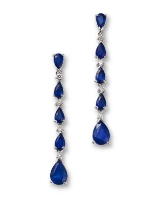 Sapphire & Diamond Pear Linear Drop Earrings in 14K White Gold