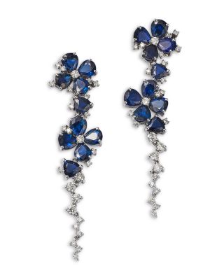 Sapphire & Diamond Flower Drop Earrings in 14K White Gold