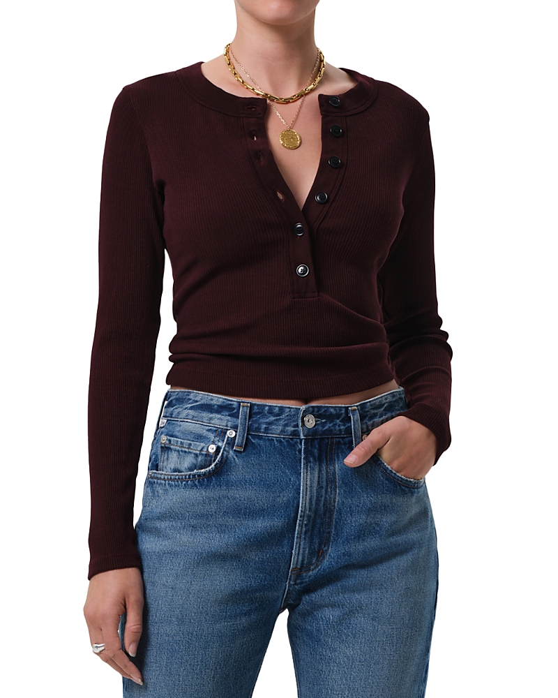 Citizen Of Humanity Varra Ribbed Stretch Cotton And Lyocell-blend Henley Top In Black