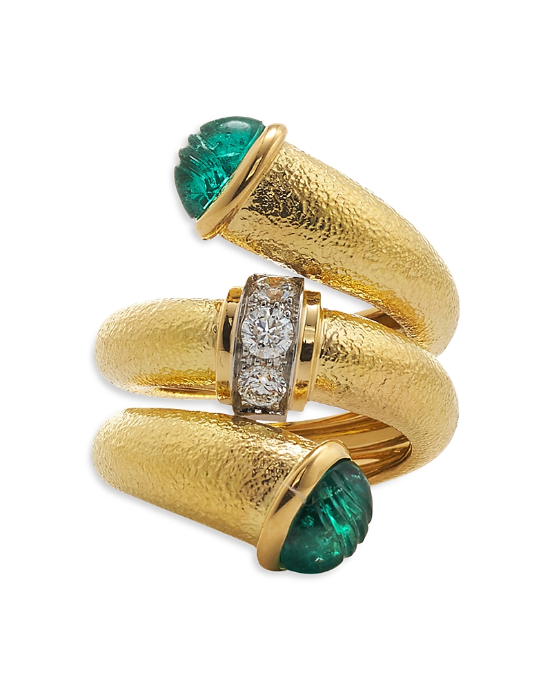 David Webb Diamond Carved Emerald Pipe Ring In 18k Yellow Gold & Platinum In Gold