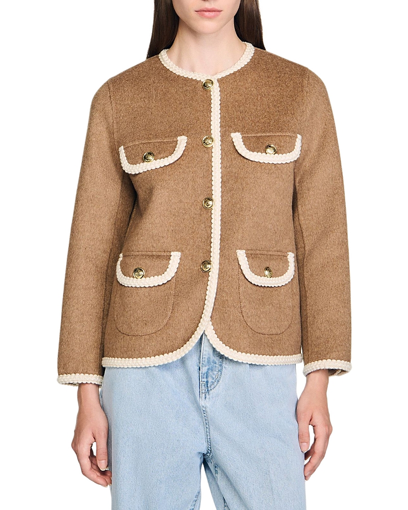 Sandro Womens Dark Blond Round-neck Four-pocket Wool-blend Jacket In Brown