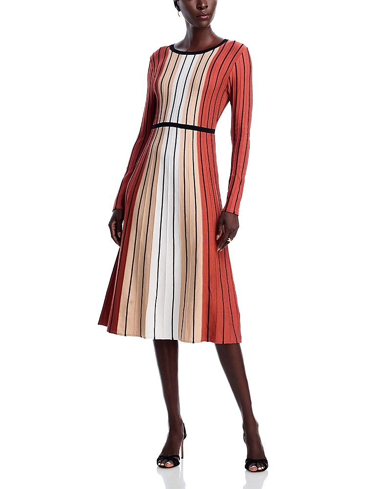 T Tahari Long Sleeve Round Neck Vertical Color Block Stripe Dress In Burgundy