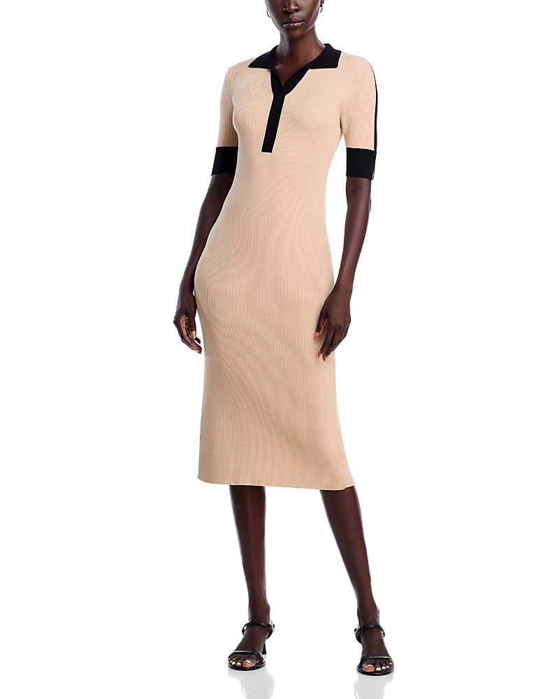 T Tahari Elbow Sleeve Split V Neck Collar Rib Dress With Contrast Trim In Neutral