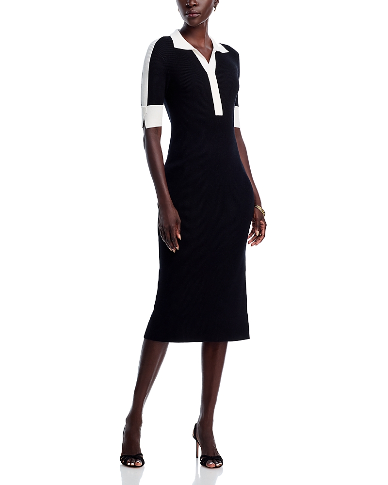 T Tahari Elbow Sleeve Split V Neck Collar Rib Dress With Contrast Trim In Black