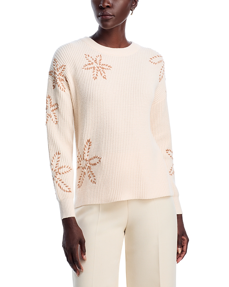 T Tahari Long Sleeve Crewneck Sweater With Floral Embroidery In White