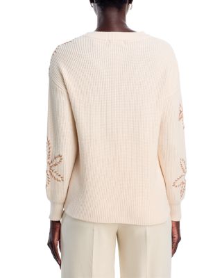 Long Sleeve Crewneck Sweater with Floral Embroidery