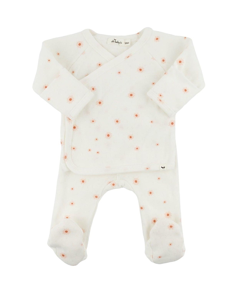 Oh Baby ! Girls' Twinkle Mini Daisies Print Pointelle Kimono Set - Baby In White