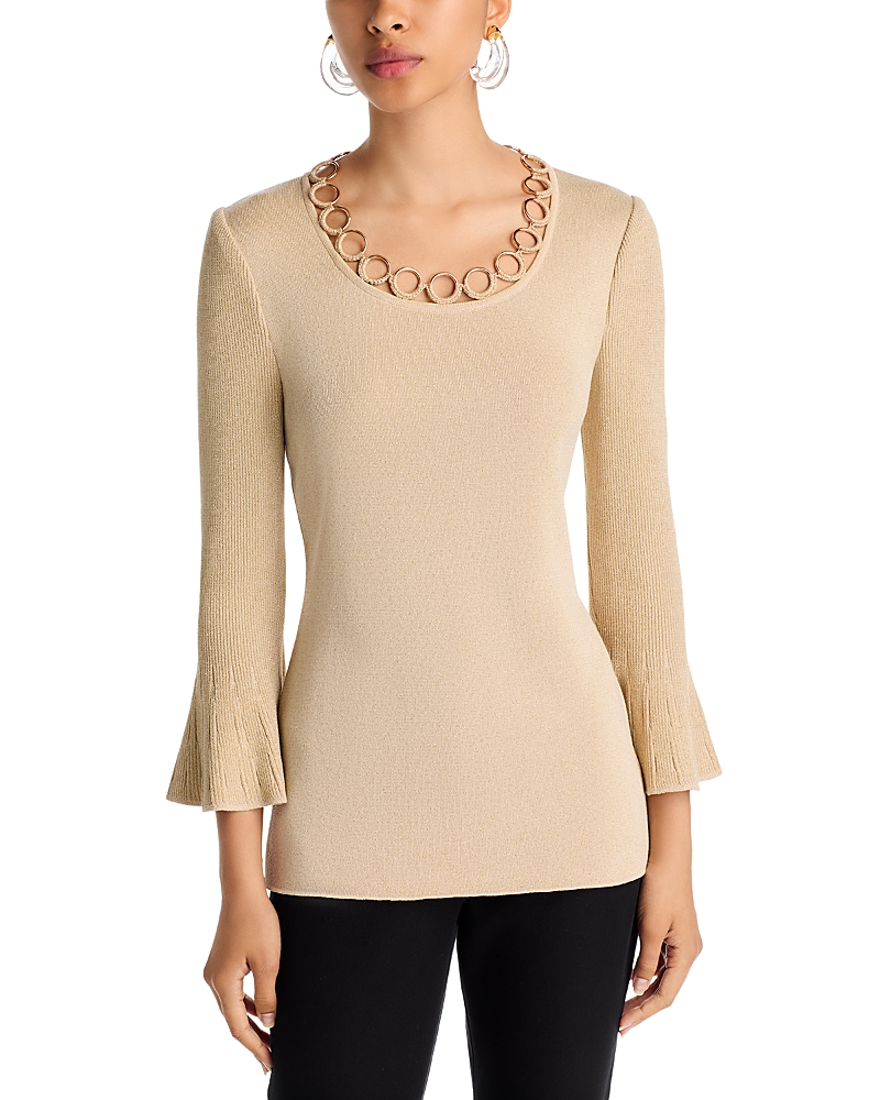 Misook Grommet Accent Metallic Knit Scoop Neck Top In Neutral