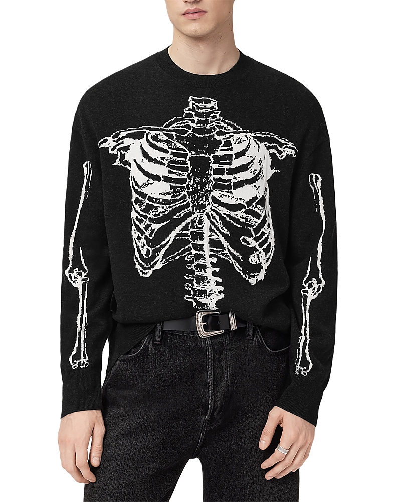 Allsaints Mens Black Skelli Graphic-print Long-sleeve Wool-blend Jumper Xs In Black