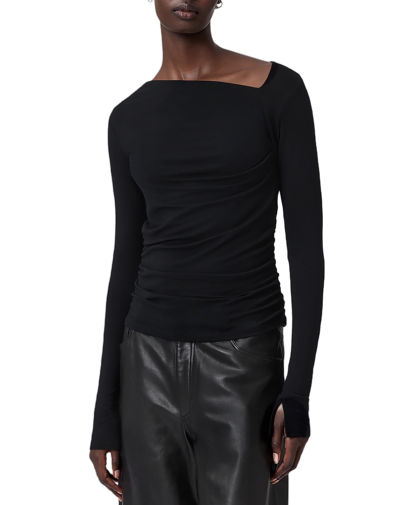 Allsaints Seyma Asymmetric Neck Jersey Top In Black