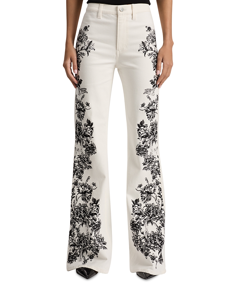 Alice and Olivia High Rise Embroidered Wide Leg Jeans in Off White Black