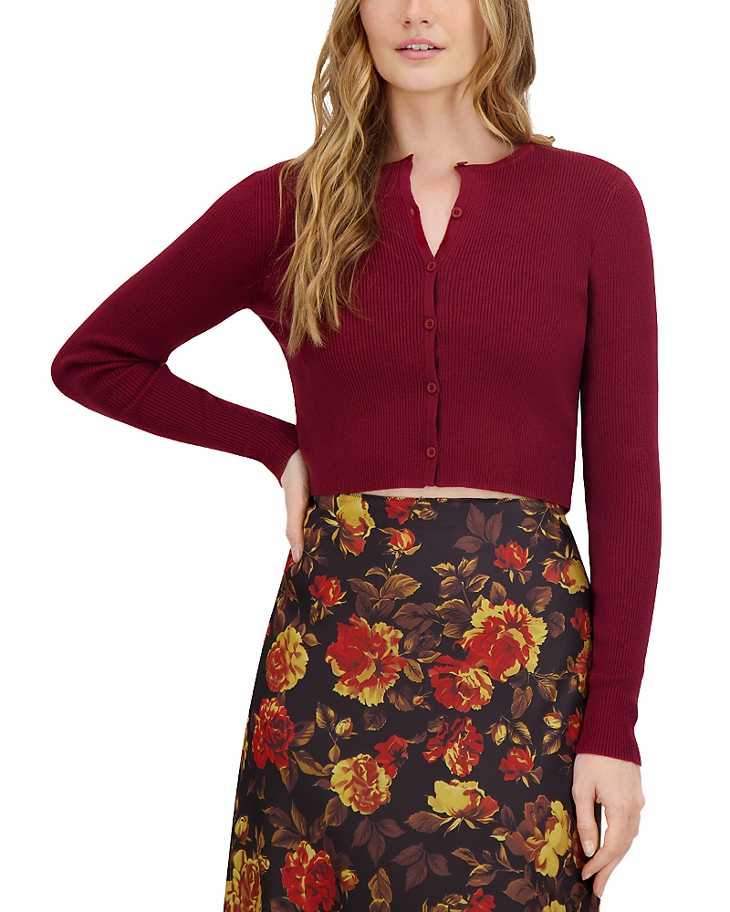Point Knit Crewneck Cropped Cardigan Sweater In Burgundy