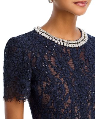 Navy Lace Embellished Midi Dress