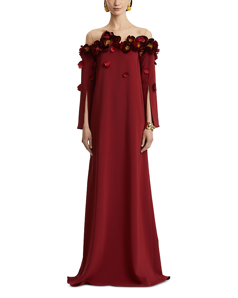 Oscar De La Renta Embellished Mesh-trimmed Crepe Gown In Burgundy