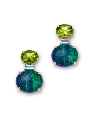 Blue Topaz, Peridot & Azurite East West Oval Drop Earrings in 14K Yellow Gold