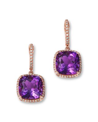 Amethyst & Diamond Cushion Halo Dangle Hoop Earrings in 14K Rose Gold