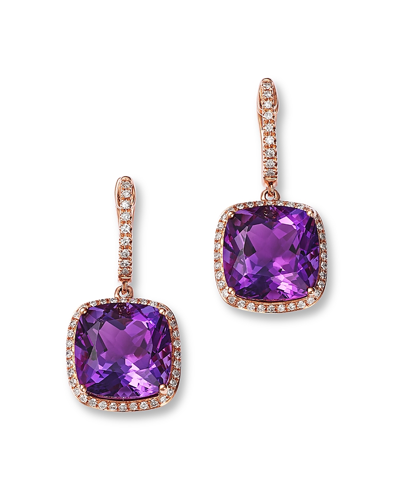 Bloomingdale's Fine Collection Amethyst & Diamond Cushion Halo Dangle Hoop Earrings in 14K Rose Gold
