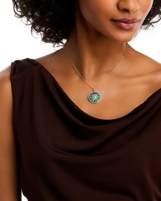 Azurite, Turquoise & Diamond Medallion Pendant Necklace in 14K Yellow Gold, 16-18"