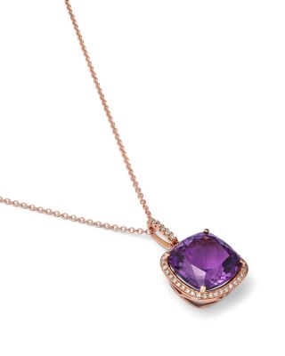 Amethyst & Diamond Cushion Halo Pendant Necklace in 14K Rose Gold, 16-18"