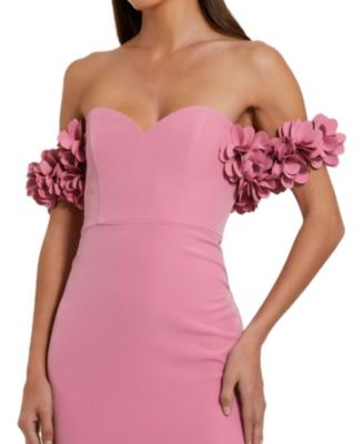 Off-the-Shoulder Crepe Gown with 3D Floral Applique