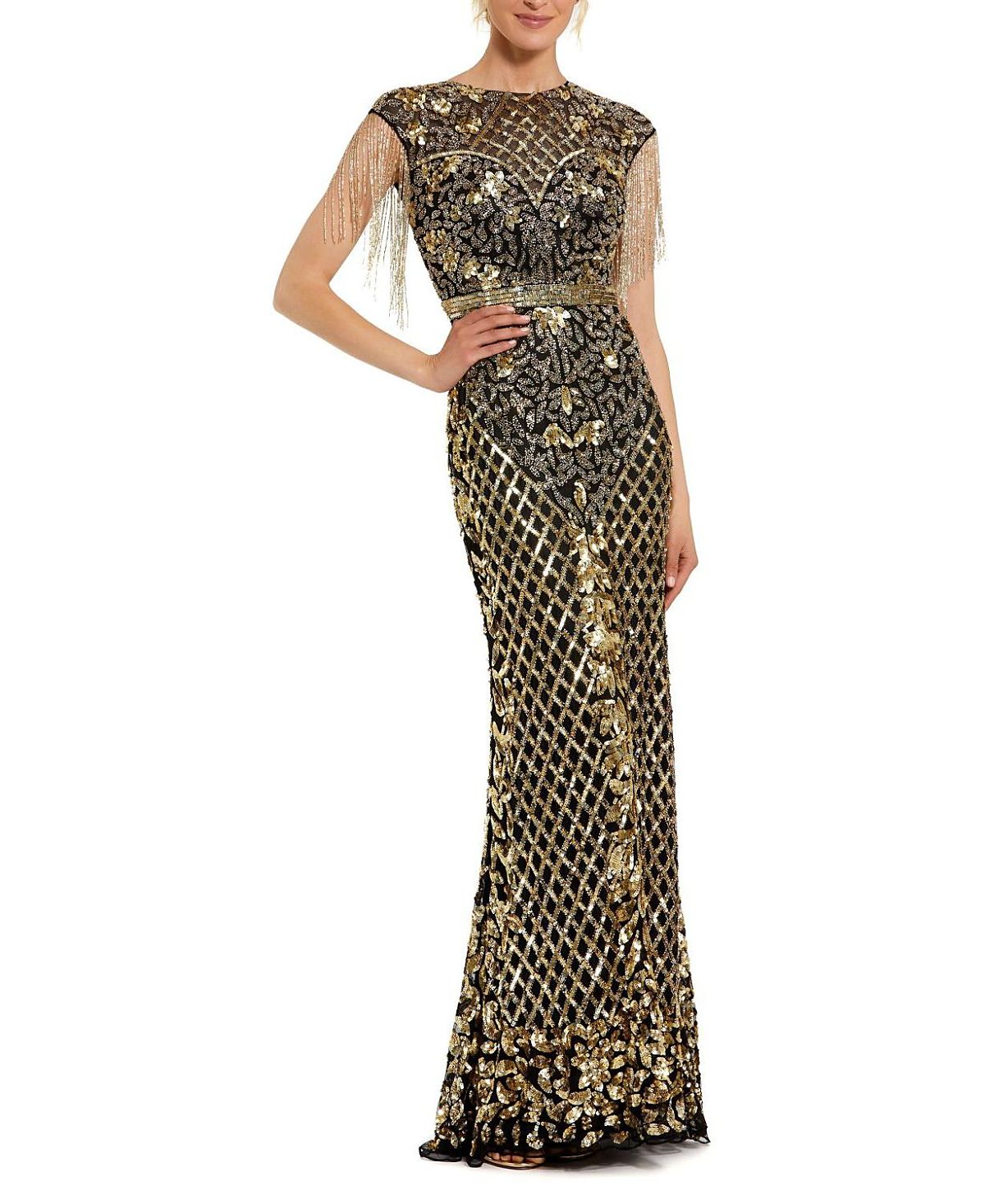 Mac Duggal High Neck Sleeveless Beaded Fringe Fitted Gown