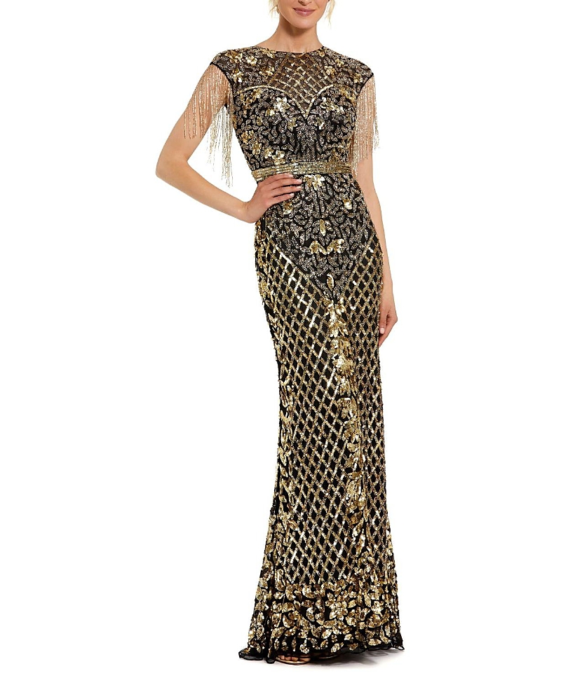 Mac Duggal High Neck Sleeveless Beaded Fringe Fitted Gown