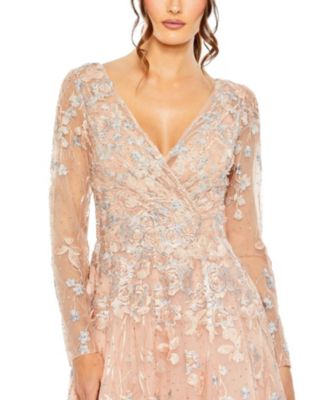 Embellished Wrap Over Illusion Long Sleeve A-line Dress