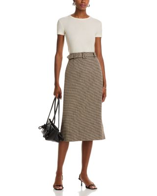 Houndstooth Belted Midi Skirt