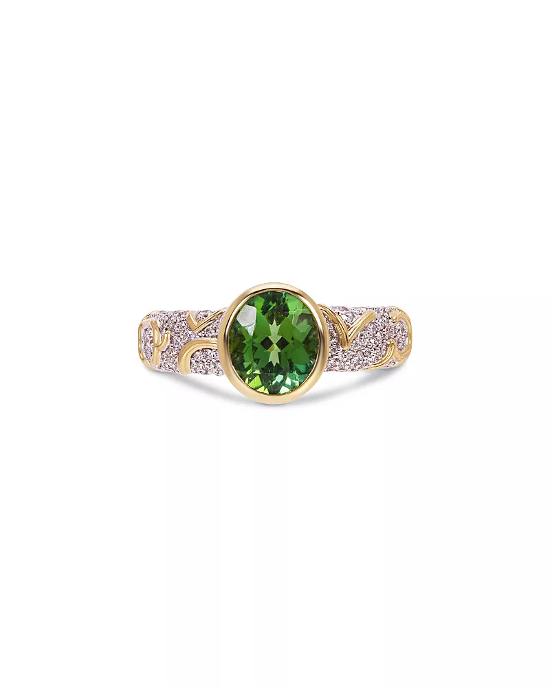 Marina B Ondine Solitaire Green Tourmaline & Diamond Ring in 18K Yellow Gold