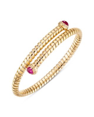 Trisolina Diamond & Ruby Bypass Bangle in 18K Yellow Gold