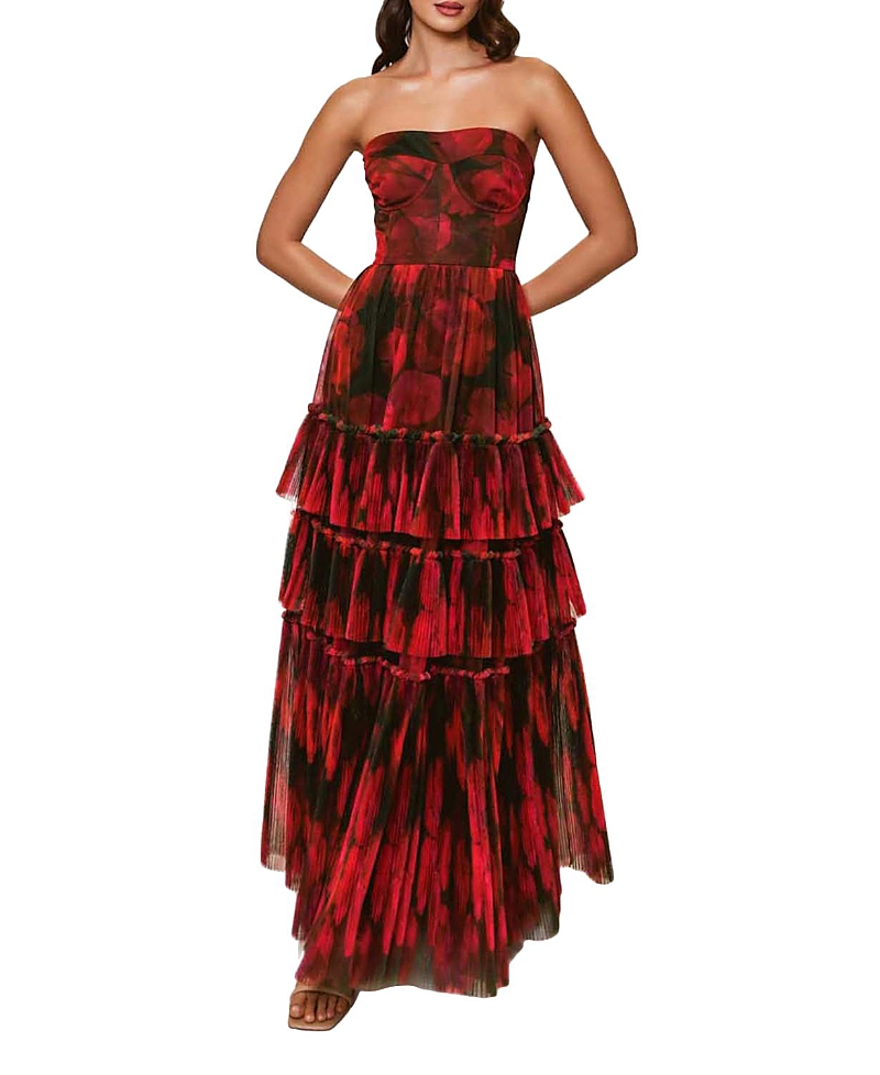 Hutch Isabella Strapless Ruffle Tiered Maxi Cocktail Dress In Red