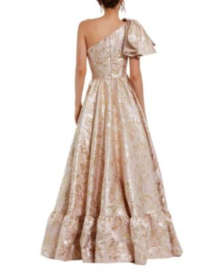 Floral Brocade One Shoulder High Low Gown With Bow